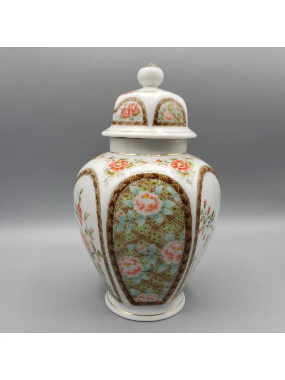 Japan Ginger Jar Birds Flowers Signed Lattice Work White Orange Tan
